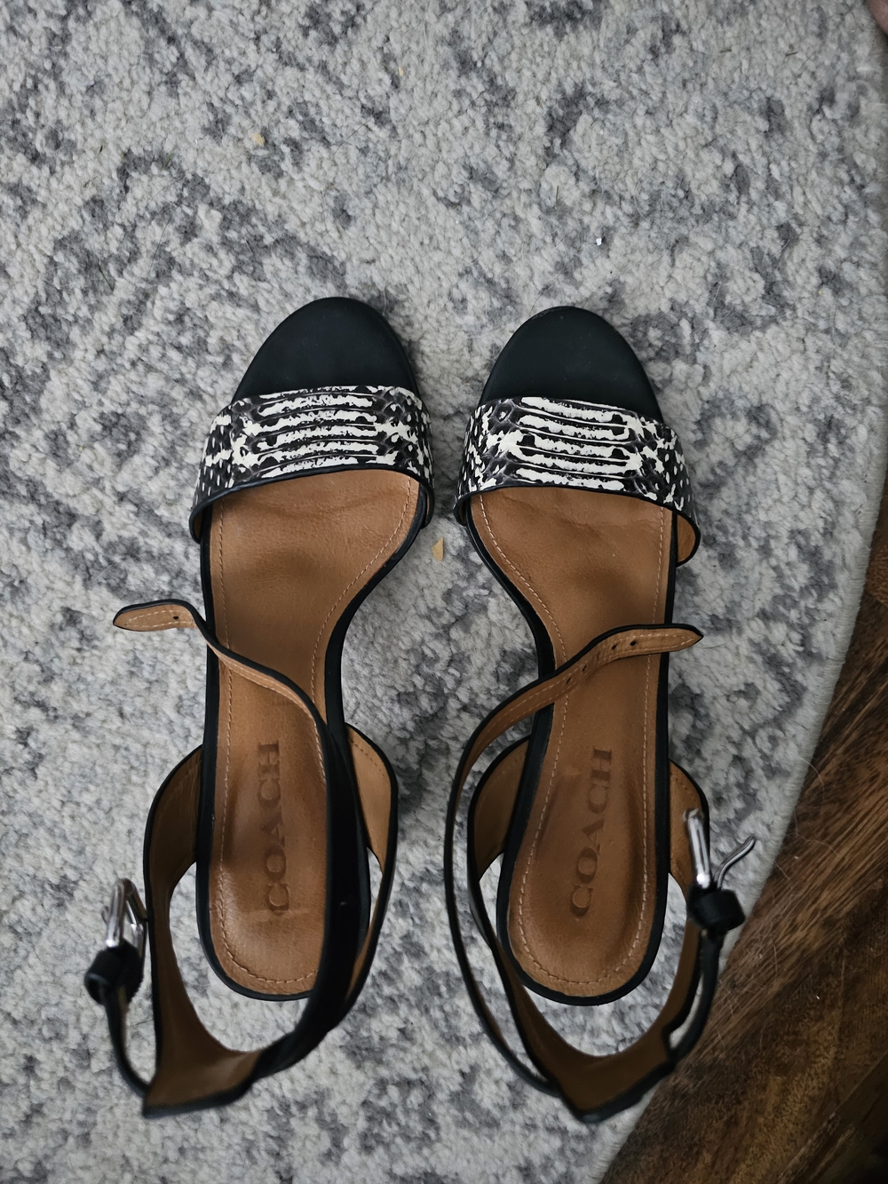 Coach Black and Tan Sandals with Black-and-White Patterned Toe Strap
